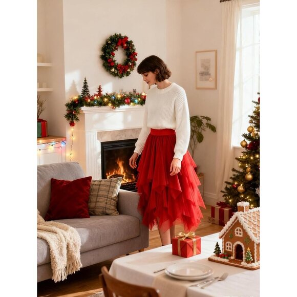 Tulle Red for Women High Waist Elastic Midi Skirt Mesh Tutu Skirt - Picture 3 of 6